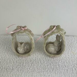 Set of 2 - Porcelain Bunny Ornaments with Pink Ribbon